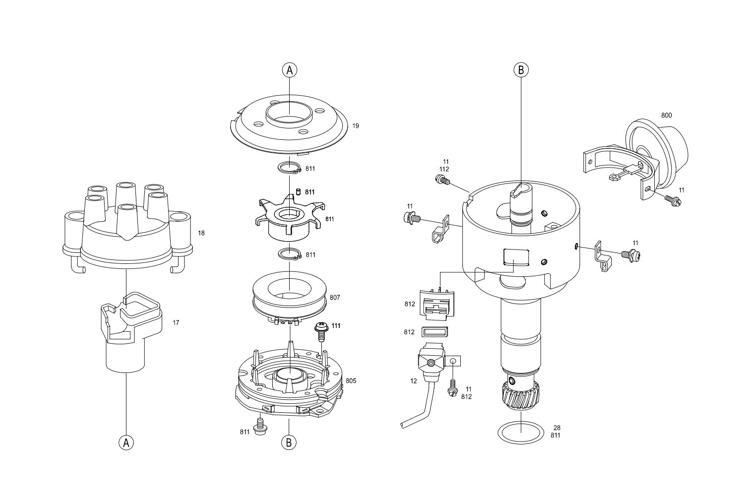 Bosch ignition distributor exploded technical diagram — all components including cap, rotor, advance weights, vacuum unit and drive gear